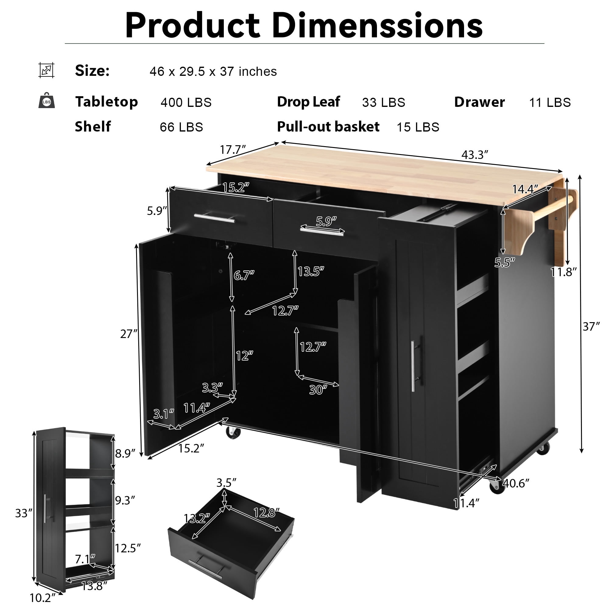 DEALTOPS 46" Kitchen Island with Drop Leaf, Kitchen Storage Cart with 3 Tier Pull Out Cabinet Organizer, Internal Storage Rack, Rolling Kitchen Cart on Wheels with Towel Rack for Kitchen-Black