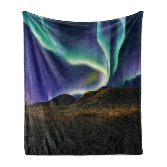 Alaska Soft Flannel Fleece Throw Blanket, Alaskan Meadows in Night Aurora Borealis Natural Beauties of the North, Cozy Plush for Indoor and Outdoor Use, 50" x 60", Multicolor, by Ambesonne