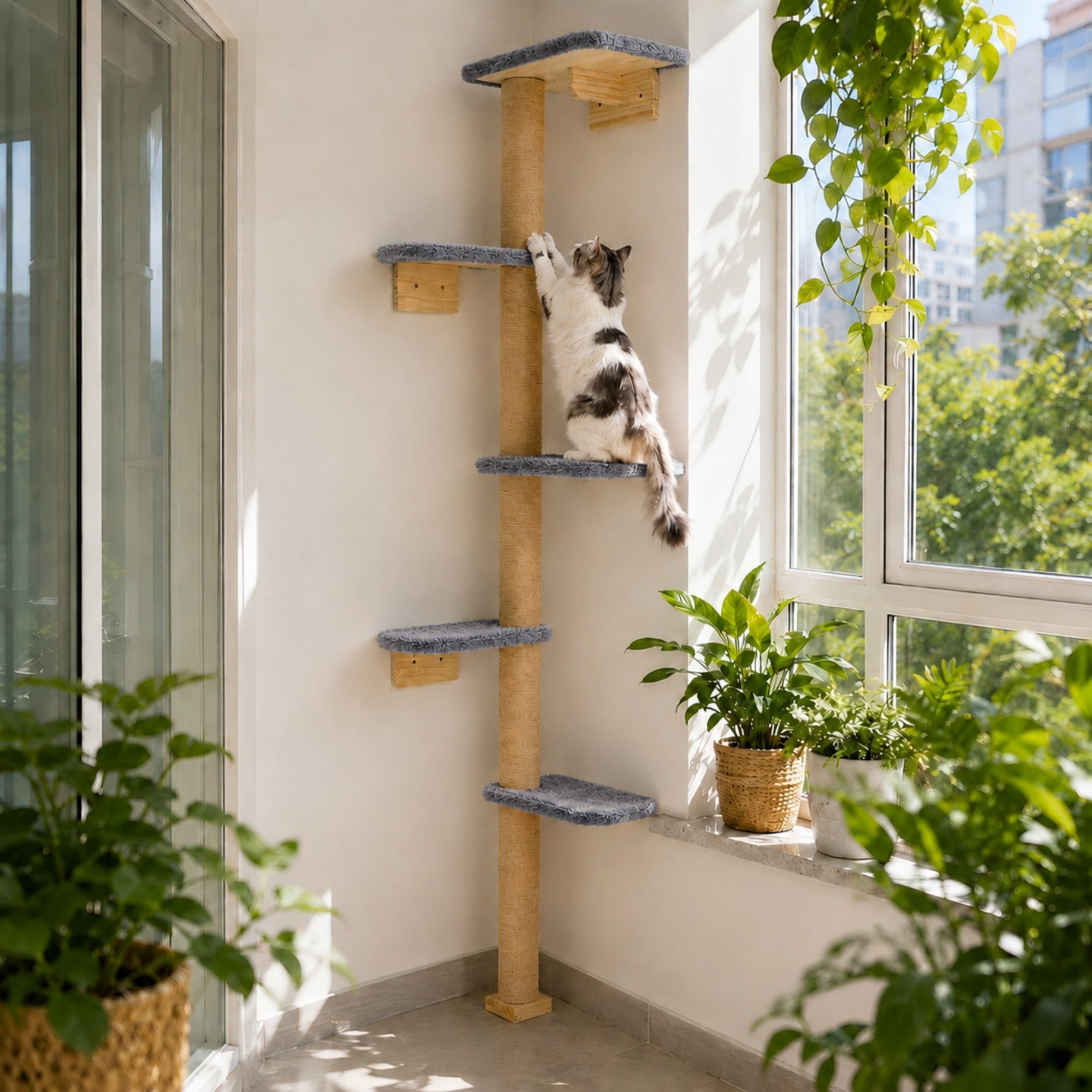 Peluomoz Gray Adjustable Floor to Ceiling Cat Tree with Plush Pads, 83 in