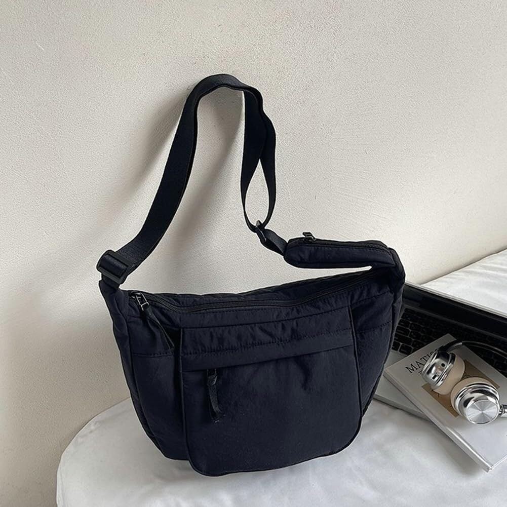 LKJYER Slouchy Nylon Bags for Women 2025 Crescent Crossbody Bag Hobo Shoulder Purse Work Travel Tote Handbag Everyday Purses
