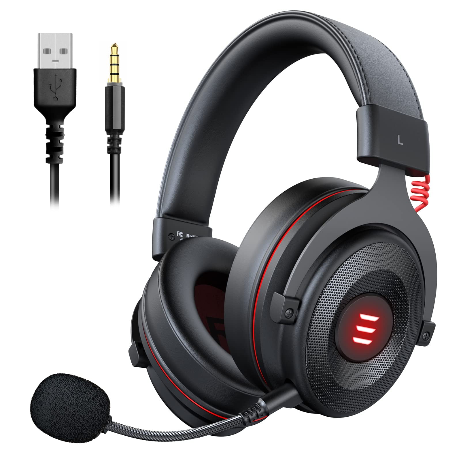 E900 USB Gaming Headset - Computer with Detachable Noise Cancelling Microphone, 7.1 Surround 50MM Driver - Headphones for PC, PS4/PS5, Xbox One, Switch, Computer, Laptop -