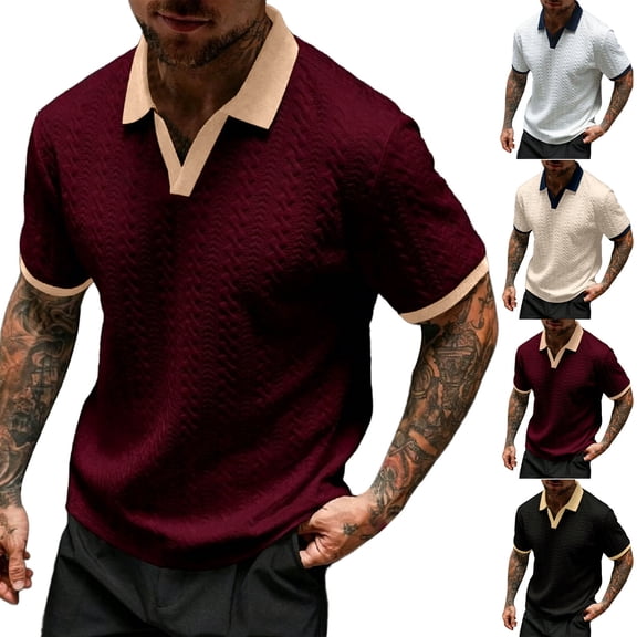 Men's Textured Knit Polo Shirt, Contrast Collar V Neck Short Sleeve Casual Top for Everyday Wear Wine