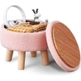 thumbnail image 1 of Ottomane de Rangement, Repose-Pieds Rond Moderne avec Siège Rembourré Doux, Repose-Pieds en Velours Teddy avec Pattes en Bois, Petite Table d'Appoint Ou Support pour Plante pour Couloir, Salon (Rose), 1 of 8