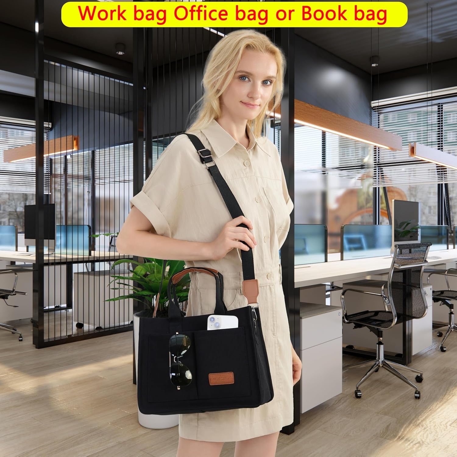 Tote Bag for Women With Compartments,Large Canvas Totes Women's Purse Crossbody Bags Work Laptop Book Bag Shoulder Handbags Black