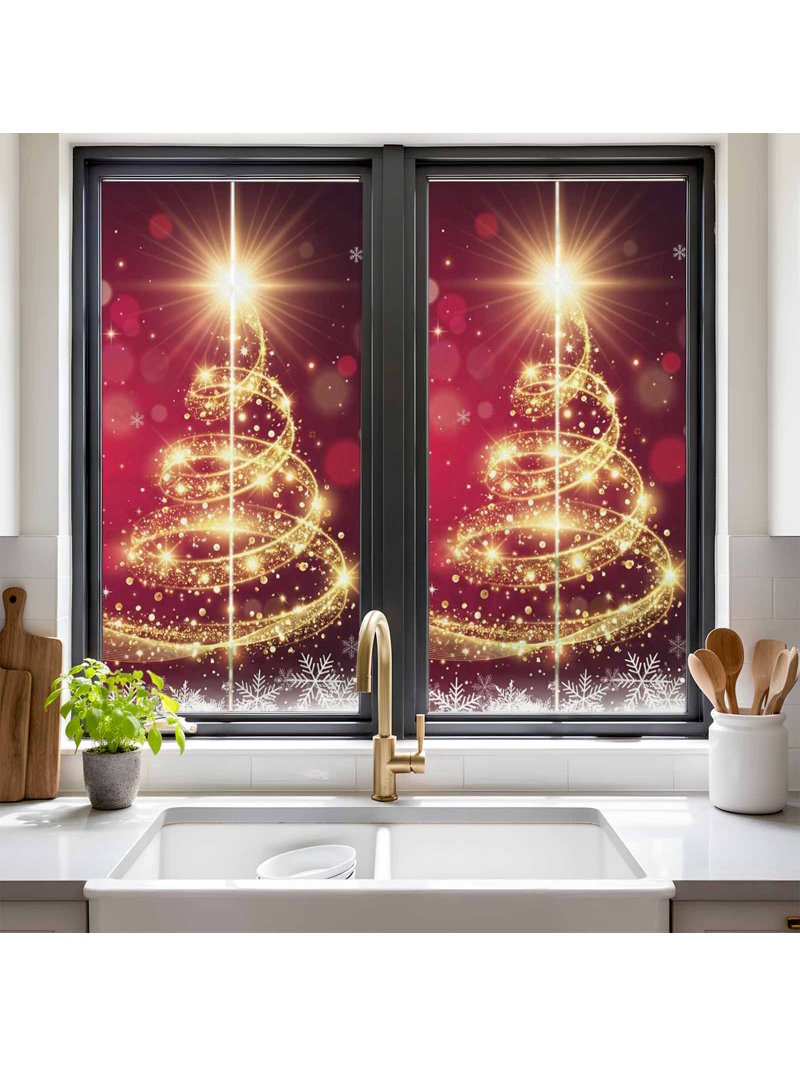 Whimsical Christmas Window Privacy Film Modern Gold Christmas Tree ...
