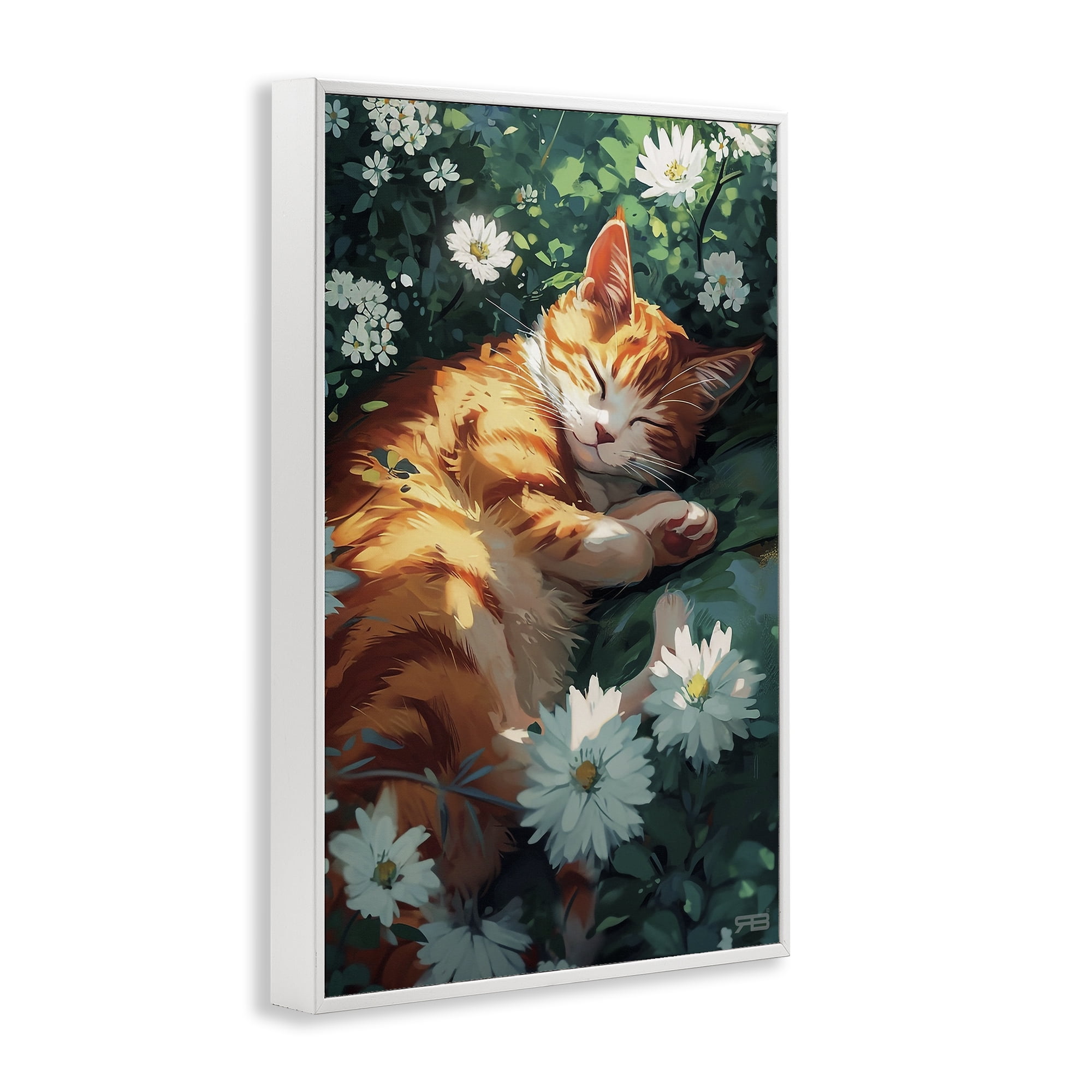 Stupell Industries Cat Sleeping in Meadow Animals & Insects Painting White Framed Art Print Wall Art, 12 x 18