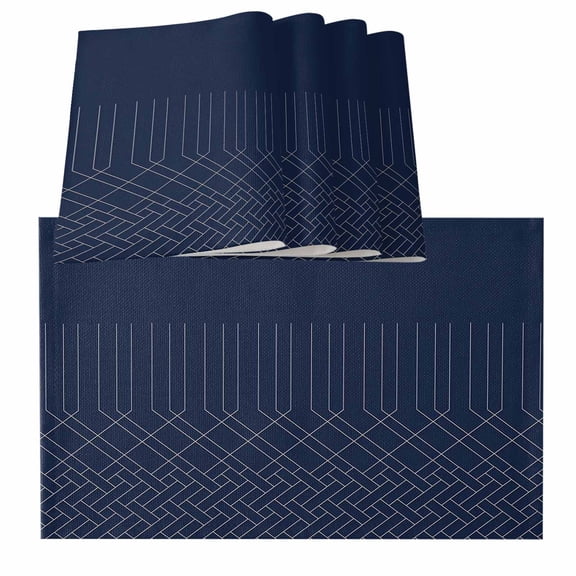 Navy Blue White Geometric Modern Herringbone Abstract Art Burlap Kitchen Place Mats Waterproof Cloth Table Mats, Indoor Outdoor Placemats Easy Clean Dinner Decor