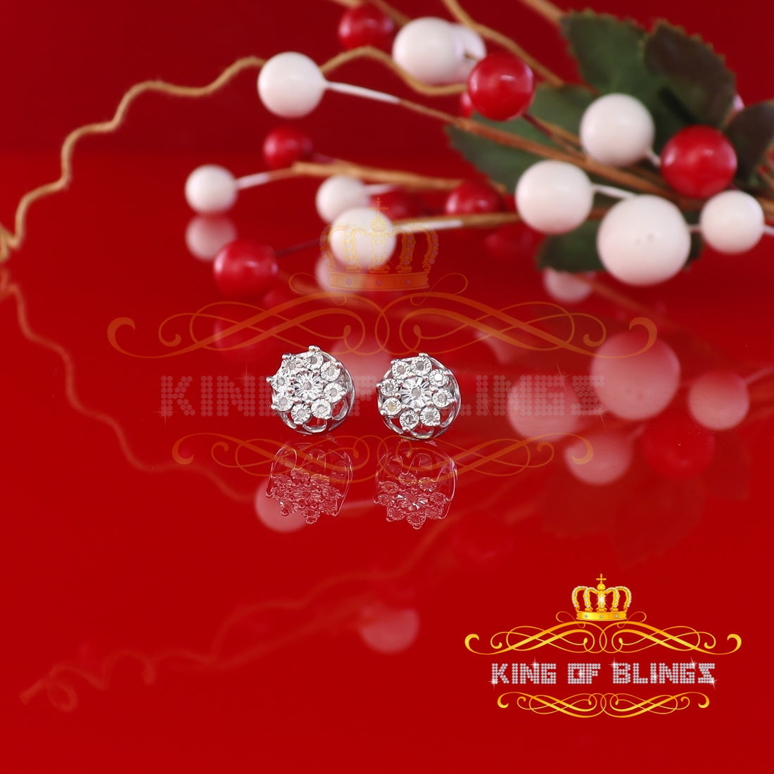 King of Bling's 925 Sterling Silver White 0.10ct Diamond For Men's/Women's Stud Floral Earrings