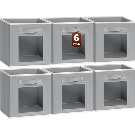 Homsorout Storage Cube 11 Inch - Bins with Window, Closet Baskets Handle, Fabric for Closet, Shelves, Toys, Clothes, Set of 6, Grey
