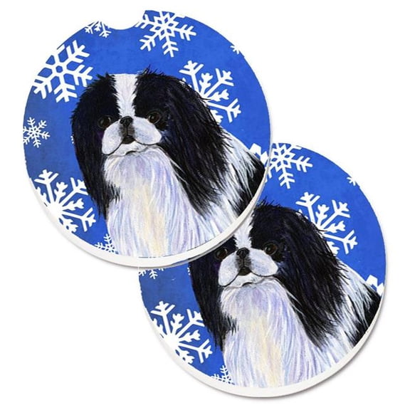 Japanese Chin Winter Snowflakes Holiday Set of 2 Cup Holder Car Coaster