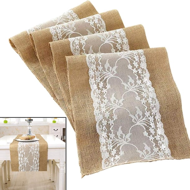 Camino de mesa rústico vintage Mantel de arpillera blanca Camino de mesa de arpillera de encaje Navidad Invierno Decoraciones para el hogar para el festival de bodas Decoración de fiesta Estuche 30 * 275 cm BANYUO Electrónica