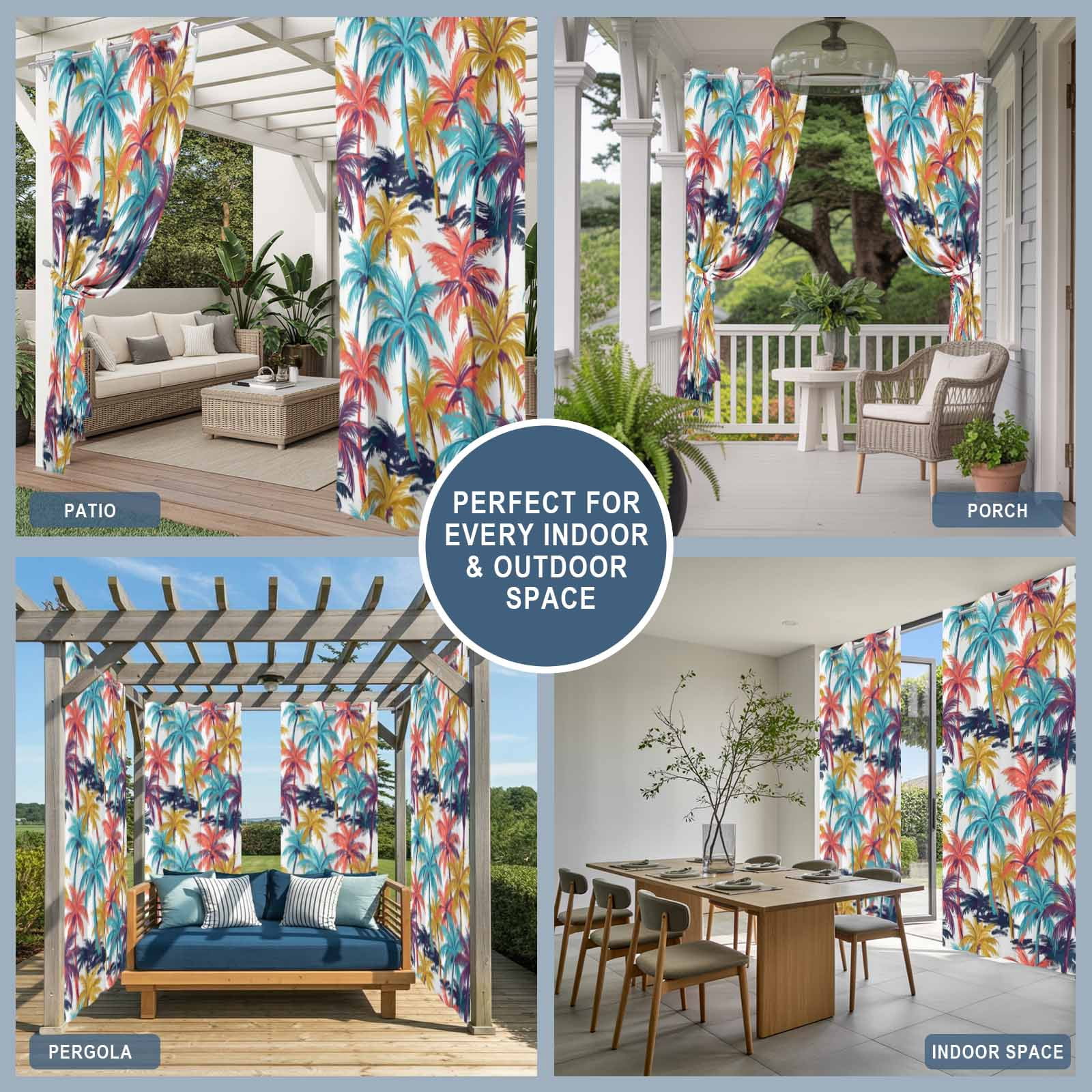 Palm Tree Outdoor Curtains for Patio, Summer Coastal Orange Blue Yellow Tropical Leaf Sunshade Privacy Drapes Grommet Waterproof Outside Curtains for Porch/Cabana/Balcony 54"x 95", 2 Panel