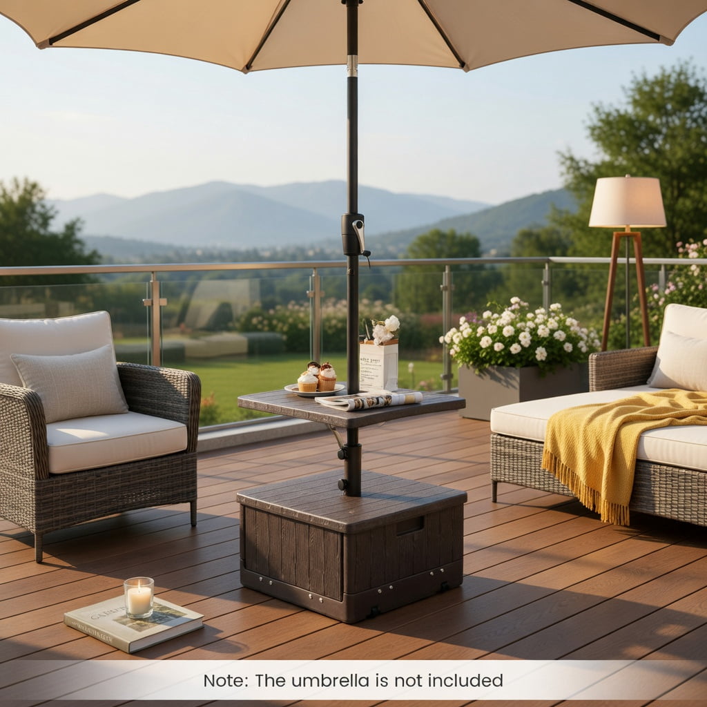 Resenkos Umbrella Base for Patio, Umbrella Stand Outdoor Base,175 LBS Outdoor Fillable Umbrella Base with Table Tray-Brown