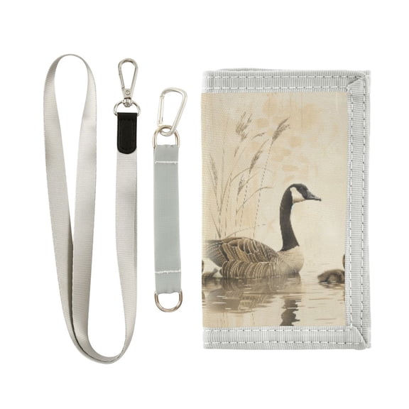 JIALIOU Nylon Trifold Card Wallet with ID Window Zipper Pocket for Men Women Teen Elegant Goose with Goslings Swimming