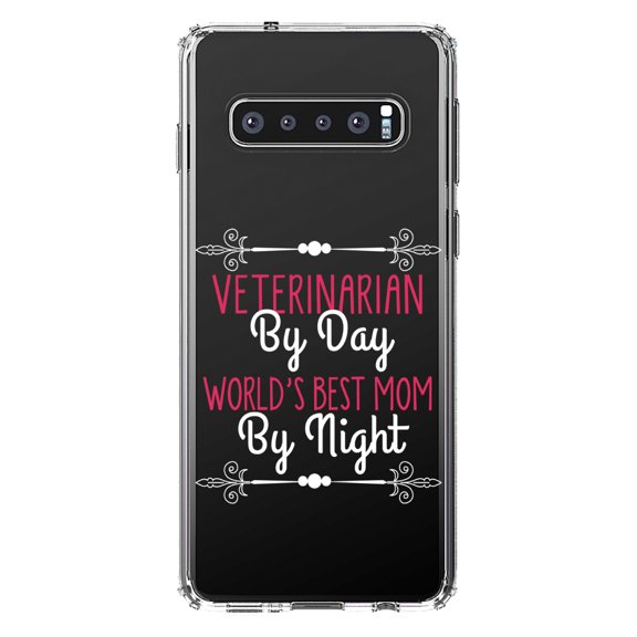 DistinctInk Clear Shockproof Hybrid Case for Samsung Galaxy S10  PLUS (6.4" Screen) - TPU Bumper Acrylic Back Tempered Glass Screen Protector - Vet By Day, Best Mom By Night