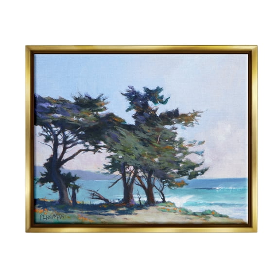 Stupell Coastal Sandy Trees Ocean Waves Landscape Painting Gold Floater Framed Art Print Wall Art