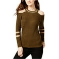 thumbnail image 3 of I-N-C Womens Metallic Striped Cold Shoulder Pullover Sweater, Green, Large, 3 of 5