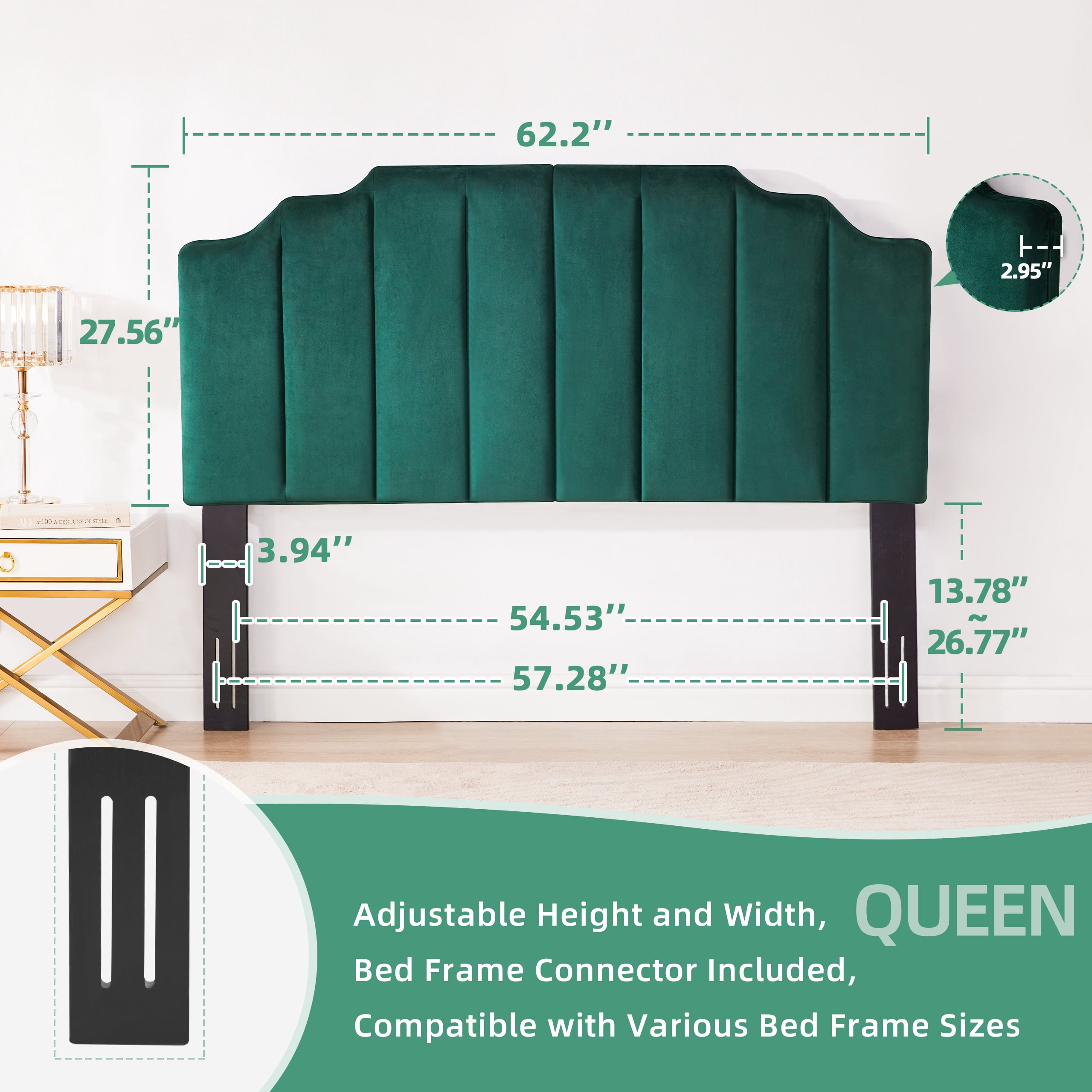 Weture Tufted Velvet Upholstered Sleigh Headboard, Queen, Dark Green