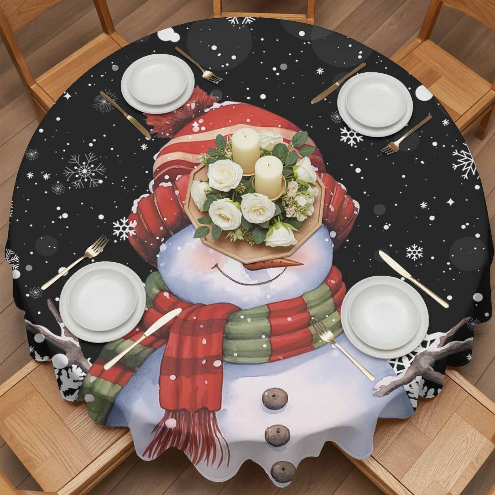 Round Tablecloth Black Christmas Snowman Waterproof Oil Proof Polyester Table Cloth Cover Decor for Home Dining Outdoor,Patio,Parties, 60" Dia. Winter Snowflakes