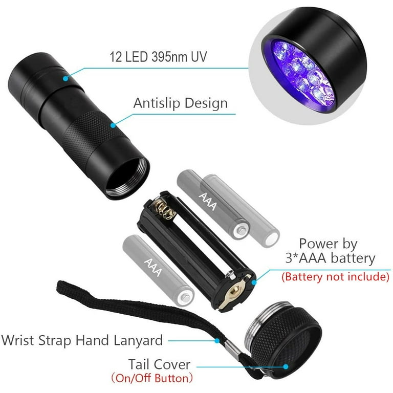 Black Light, 1 Pc UV Handheld Blacklight Flashlights 12 Led 395nm