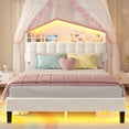 thumbnail image 5 of Full Size Bed Frame with LED Lights and Charging Station for Girls, Princess Bed Velvet Platform Bed with LED Lights,House-Shaped Storage Headboard,Solid Wooden Slats,Beige, 5 of 8