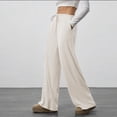 thumbnail image 4 of BRGZLK Women's Wide Leg Ribbed Knit Pants Solid Color Drawstring Waist Low Rise Casual Pants Straight Leg Pants, 4 of 7
