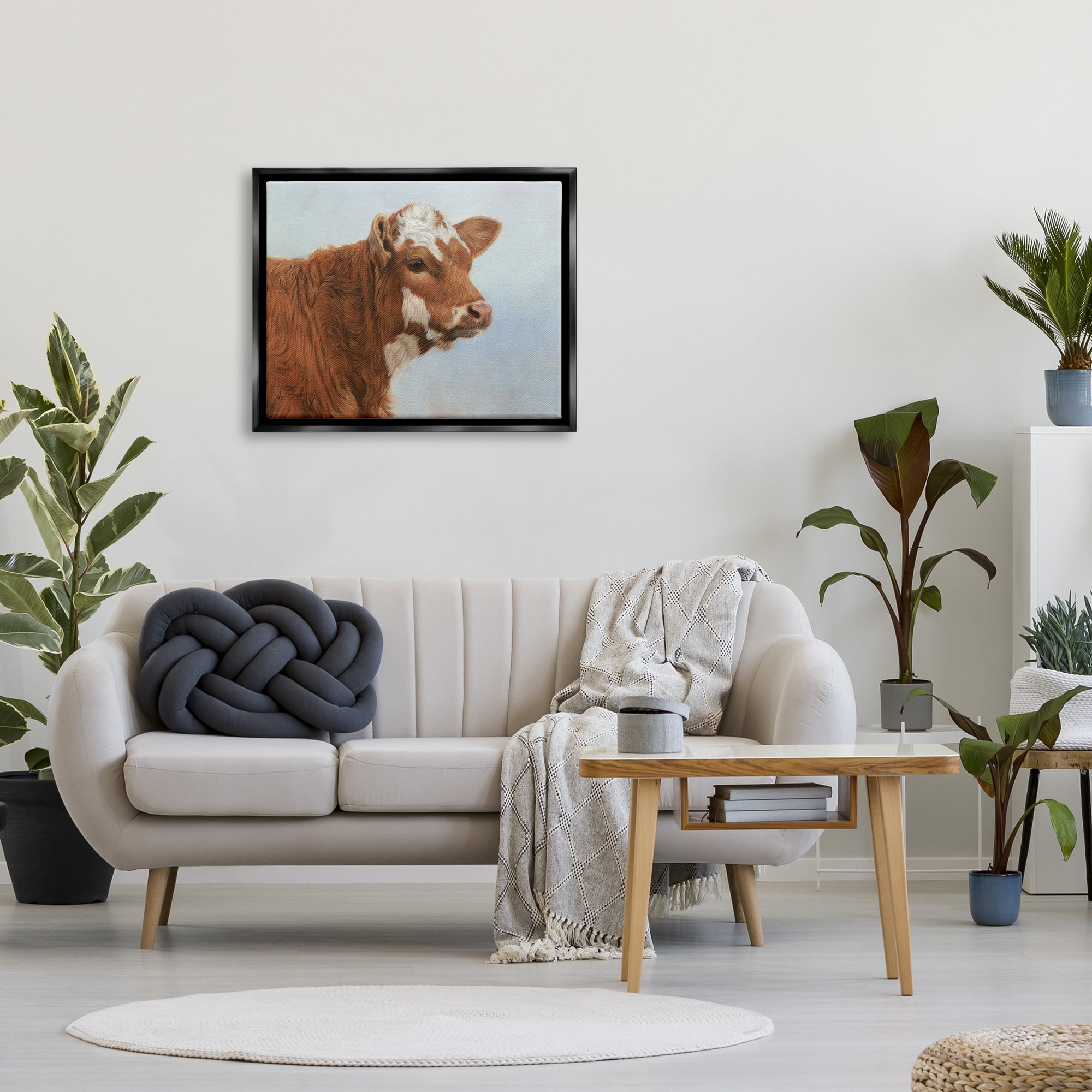 Stupell Industries Brown Dairy Cow Detailed Farm Animal Painting Painting Jet Black Floating Framed Canvas Print Wall Art, Design by David Stribbling