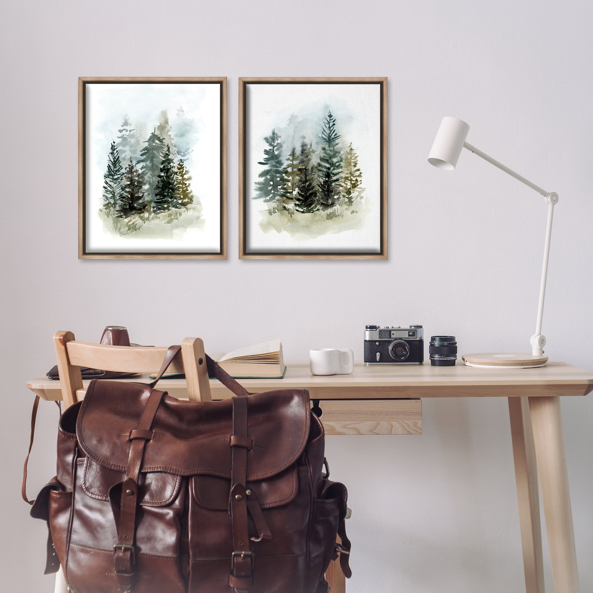Stupell Industries Pine Trees Forest Grove Landscape & Nature Painting Brown Floater Framed Canvas Art Print Wall Art, 17 x 21, Set of 2