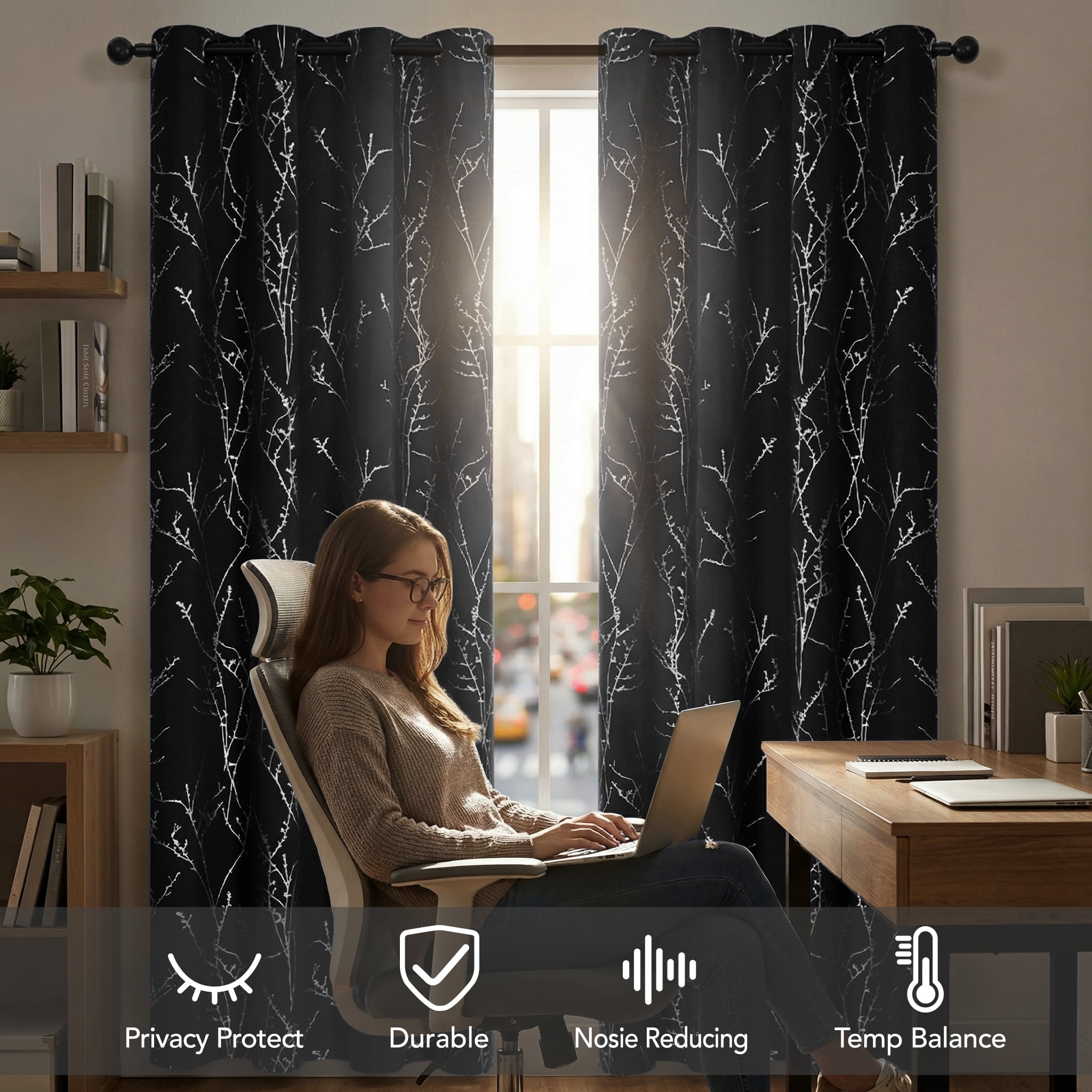 ZOPZO Blackout Curtains, Thermal Insulated,, Black, 42W x 72L Inch, Room Darkening Drapes Tree Branches Pattern for Bedroom Modern Home