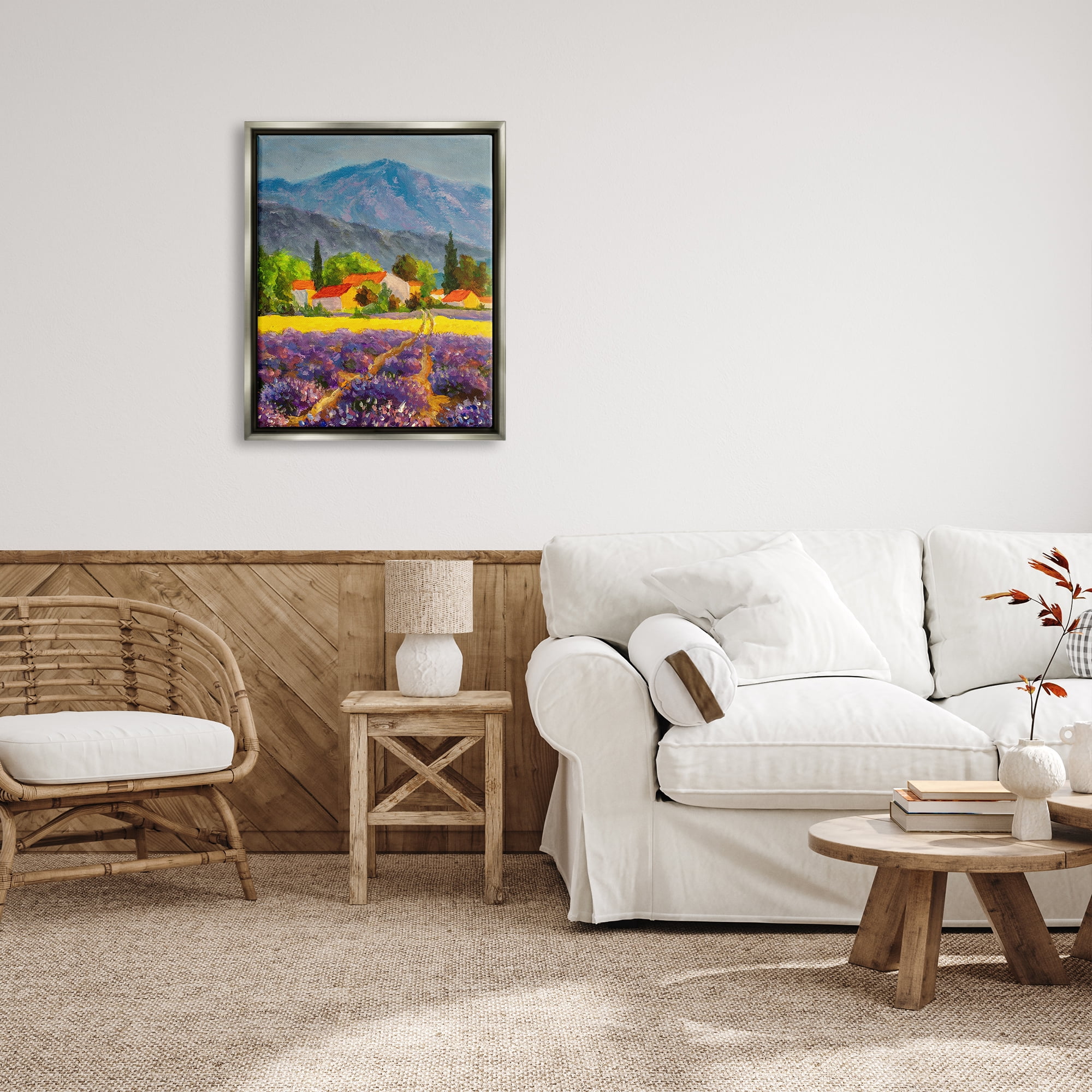 Stupell Industries Lavender Field Landscape Nature Painting Gray Floater Framed Art Print Wall Art, 25 x 31