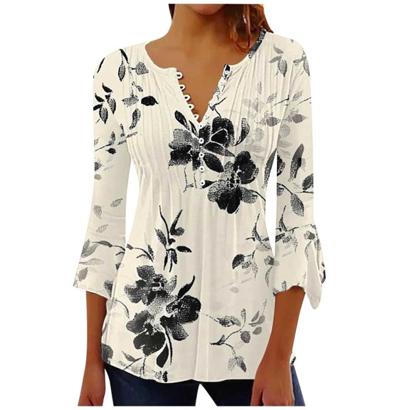 Womens Tops Summer Trendy Print V Neck 3/4 Sleeve Blouse Spring Tops for Women