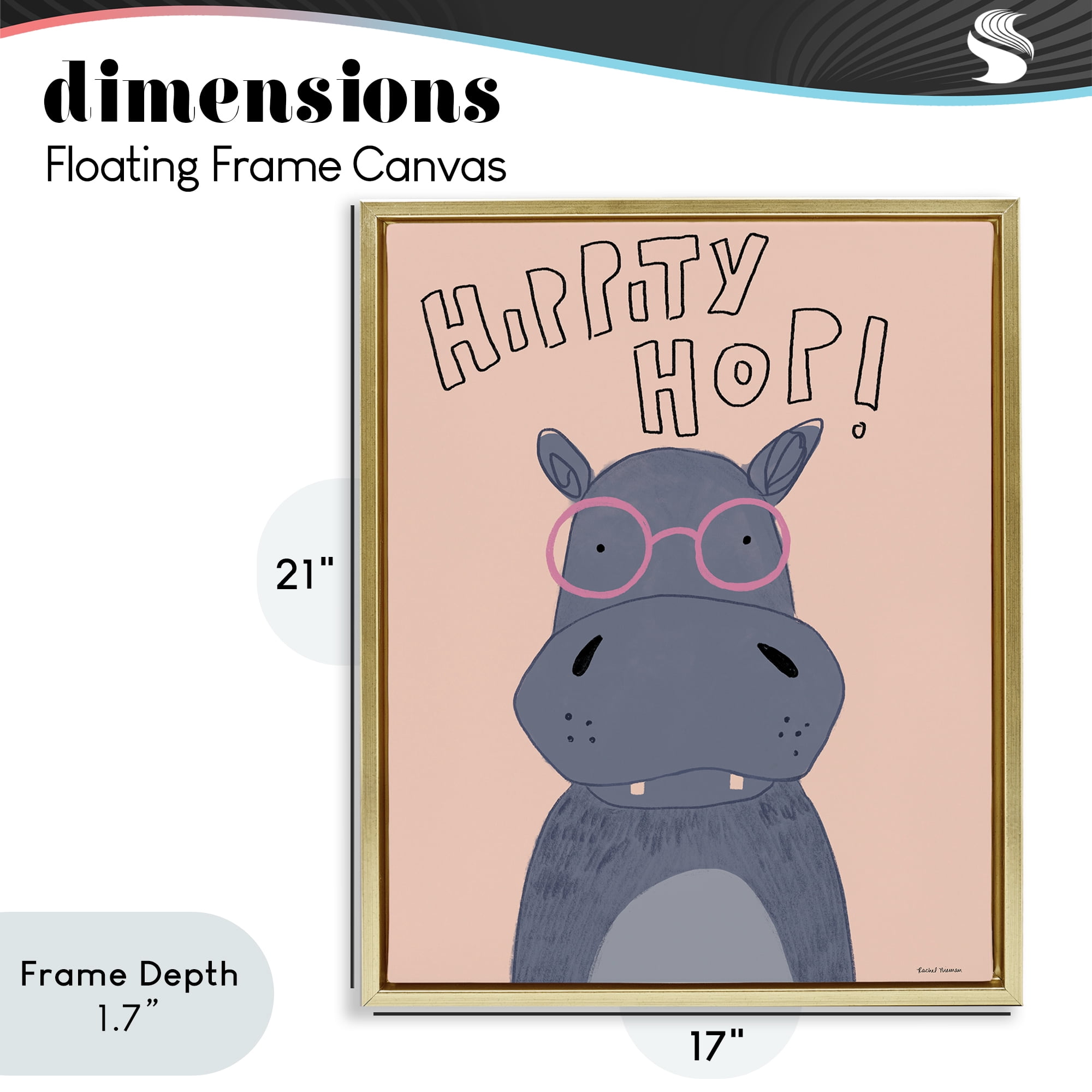 Stupell Industries Hippity Hop Hippo Gold Framed Floater Canvas Wall Art, design by Rachel Nieman