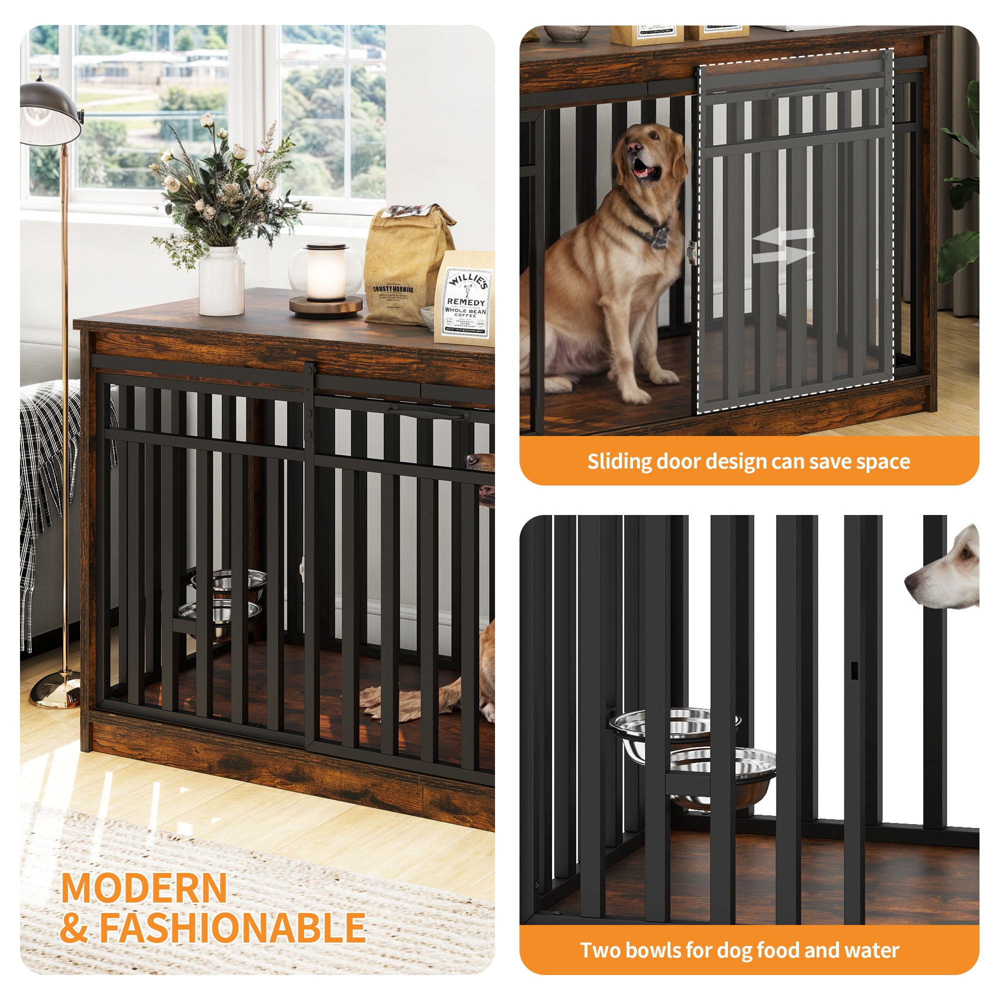 Craftian 55.1 Inch Dog Crate Furniture with Sliding Doors, Large Wooden Indoor Dog Kennel Dog Cage Table with 2 Dog Bowl for Medium Extra Large Dogs