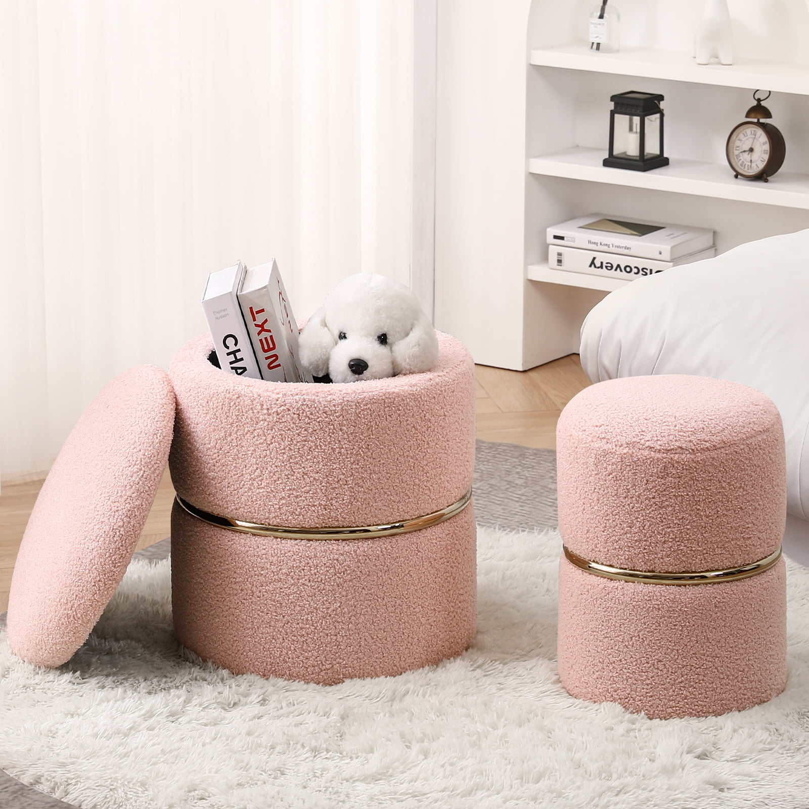 Furniliving Pink Sherpa Ottoman Round Storage Ottoman Footrest Upholstered Vanity Stool Pack of 2