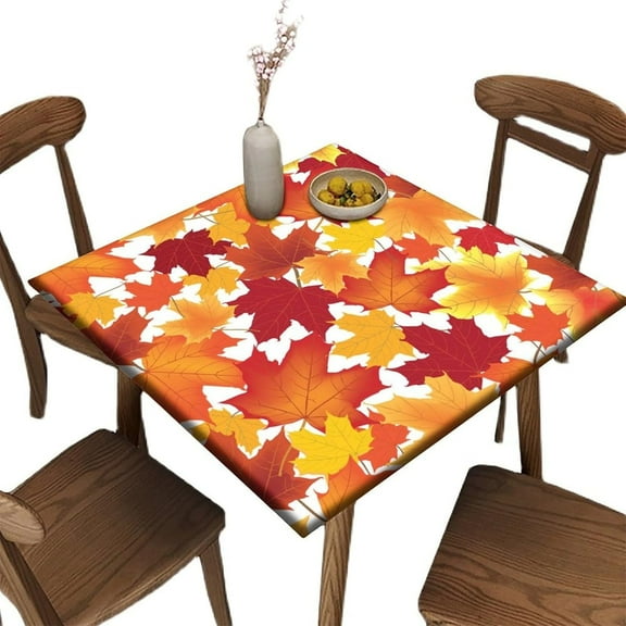Square Fitted Elastic Edge Table Cloths, Autumn Maple Leaves Polyester Table Cloth, for Indoor Outdoor Kitchen Home Party Dinner Patio, Fit for 32" x 32"Square Table