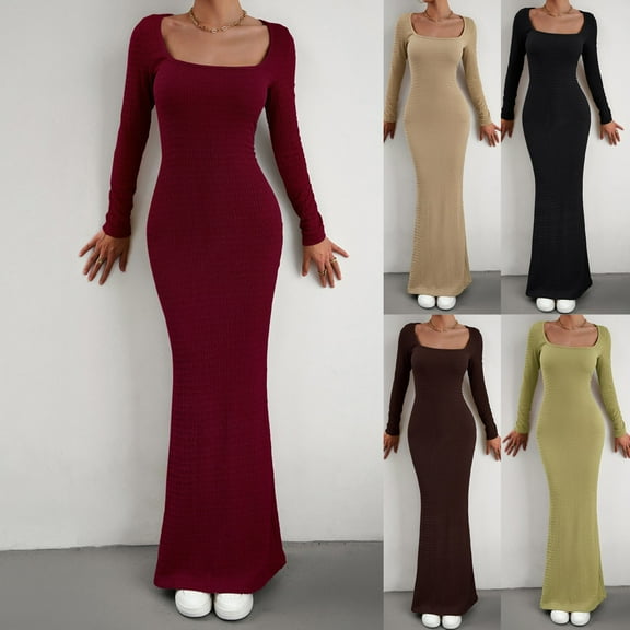 SMihono Fashion Women's 2025 Spring Maxi Bodycon Dress Long Sleeve Square Neck Long Fitted Mermaid Dresses Ribbed Bodycon Lounge Dresses Black 10