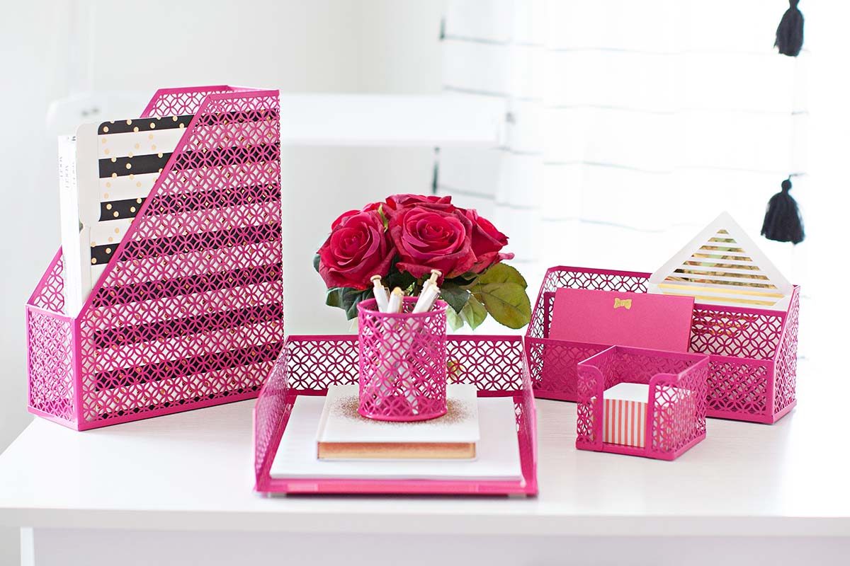 Blu Monaco Pink Office Supplies Hot Pink Desk Accessories for Women Office - 6 Piece Cute Pink Desk Organizer Set