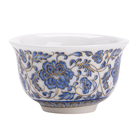 Vintage Blue Floral Gold Trim Porcelain Teacup, Handcrafted Small Ceramic Sipping Cup for Loose Leaf Tea Sake Espresso, Classic Oriental Decorative Drinkware for Home Kitchen Tea Bar
