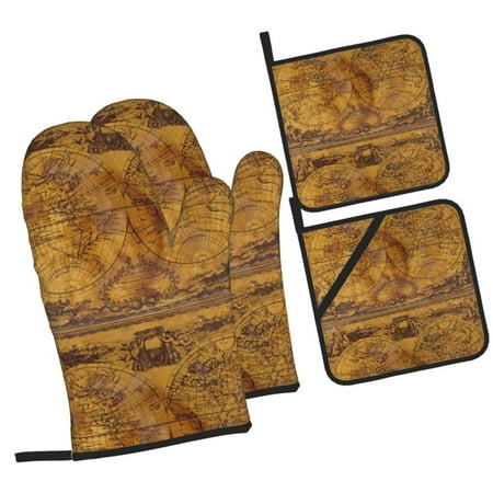 

Balery Vintage Map Pattern Oven Mitts and Pot Holders 4 pcs Set Kitchen Oven Glove High Heat Resistant 500℉ Oven Mitts with Non-Slip Silicone Surface