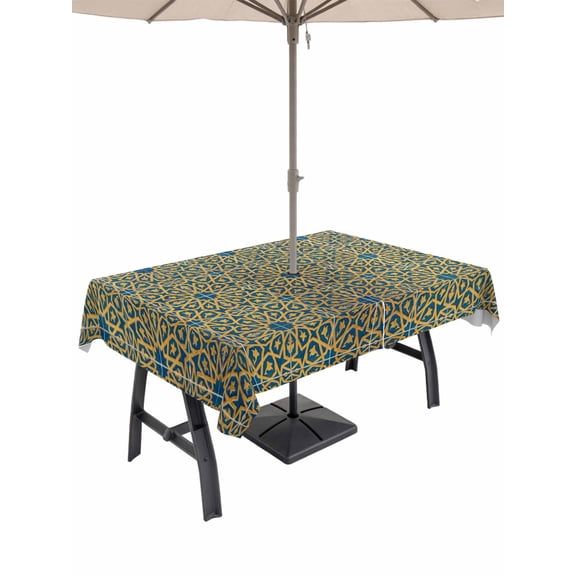 Outdoor Tablecloth with Umbrella Hole and Zipper, Abstract Geometric Rectangle Table Cloth 54x80 Inch Waterproof Tablecloth, Traditional Tribe Abstract Pattern Yellow Picnic Table Cover for Patio