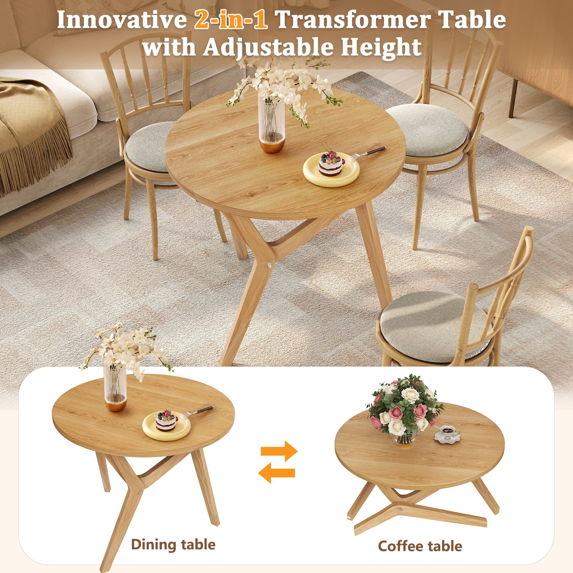 Aukfa 34.5" Convertible Round Dining Table to Coffee Table, Adjustable Height Wood Transformer Table for Small Space, Natural