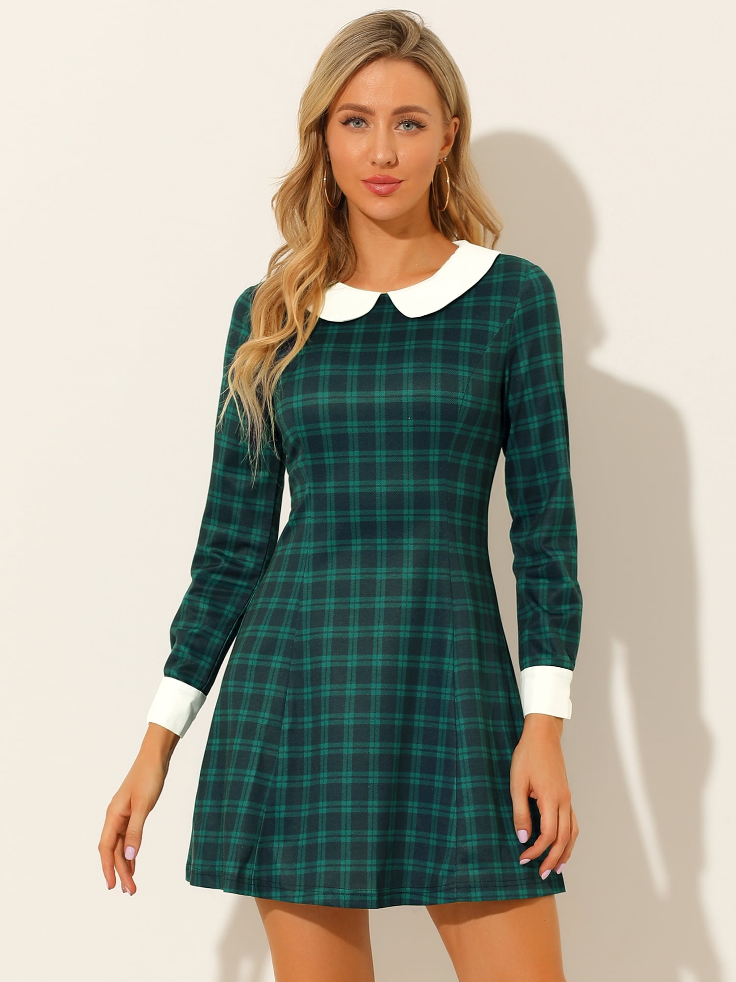 DARING DIVA Contrast Peter Pan Collar A-Line Plaid Dress S Green