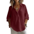 thumbnail image 3 of ClodeEU Women's V Neck 3/4 Sleeve Linen Blend Blouse,Casual Loose Fit Half Button Shirt Wine,Women's Plus XXL, 3 of 9