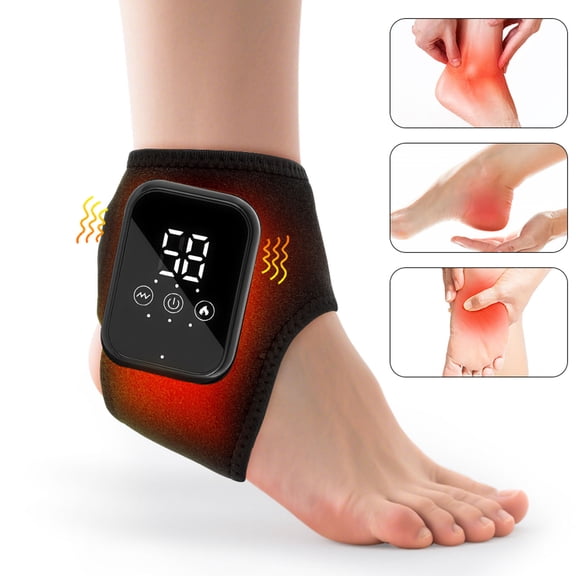 Cordless Ankle Massager with Heat, Electric Foot Massager with 3 Heat Levels & 3 Vibration Modes, Rechargeable Heated Ankle Wrap with Auto-off, Black