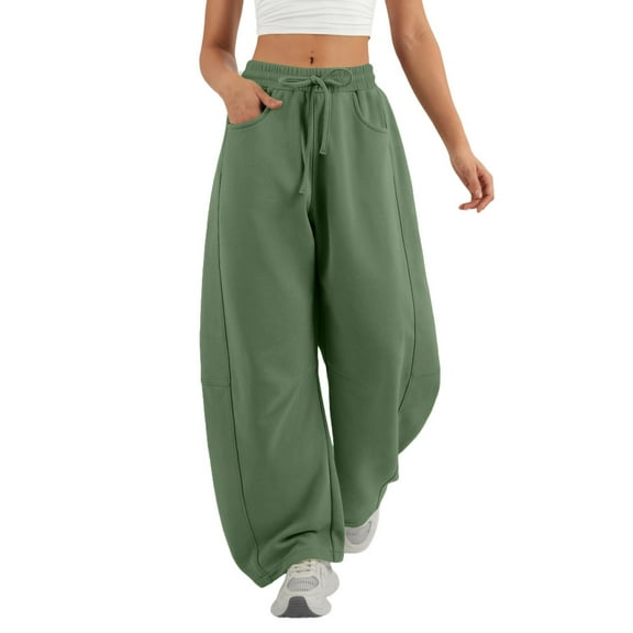 High Waisted Sweatpants for Women, Comdrip Women's Sweatpants Solid Color Pull Rope Waist Barrel Round Scimitar Wide Leg Pants Casual Pocket 9 Point Guard Pants Gym Sweatpants Women Green L