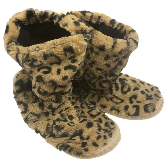 Plush Brown & Black Leopard Print Bootie Style Slippers XL (11)