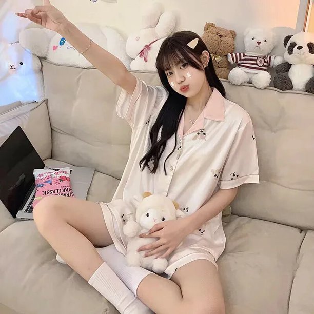 Pijama de seda de hielo Sanrioed Kawaii para mujer, ropa de dormir de manga corta, traje de dibujos animados para el hogar, lindo Anime, Kuromi Cinnamoroll