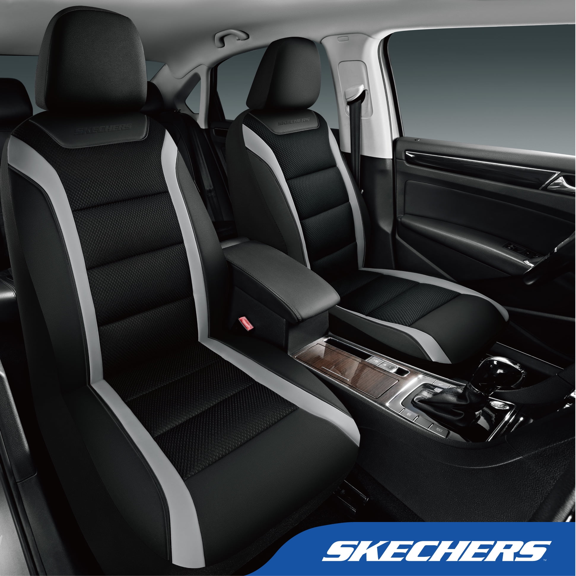 Skechers Leather Mesh Front Car Seat Cover – Premium Comfort with Breathable Mesh Panels, Durable Leather Construction, Universal Fit for Cars, Trucks, and SUVs - Gray