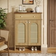 thumbnail image 3 of Finmind 43.3" Tall Shoe Cabinet with 2 Doors, 4-Tier Farmhouse Shoe Rack with Drawer and Adjustable Shelves, for Entryway, Bedroom, Natural & Walnut, 3 of 9