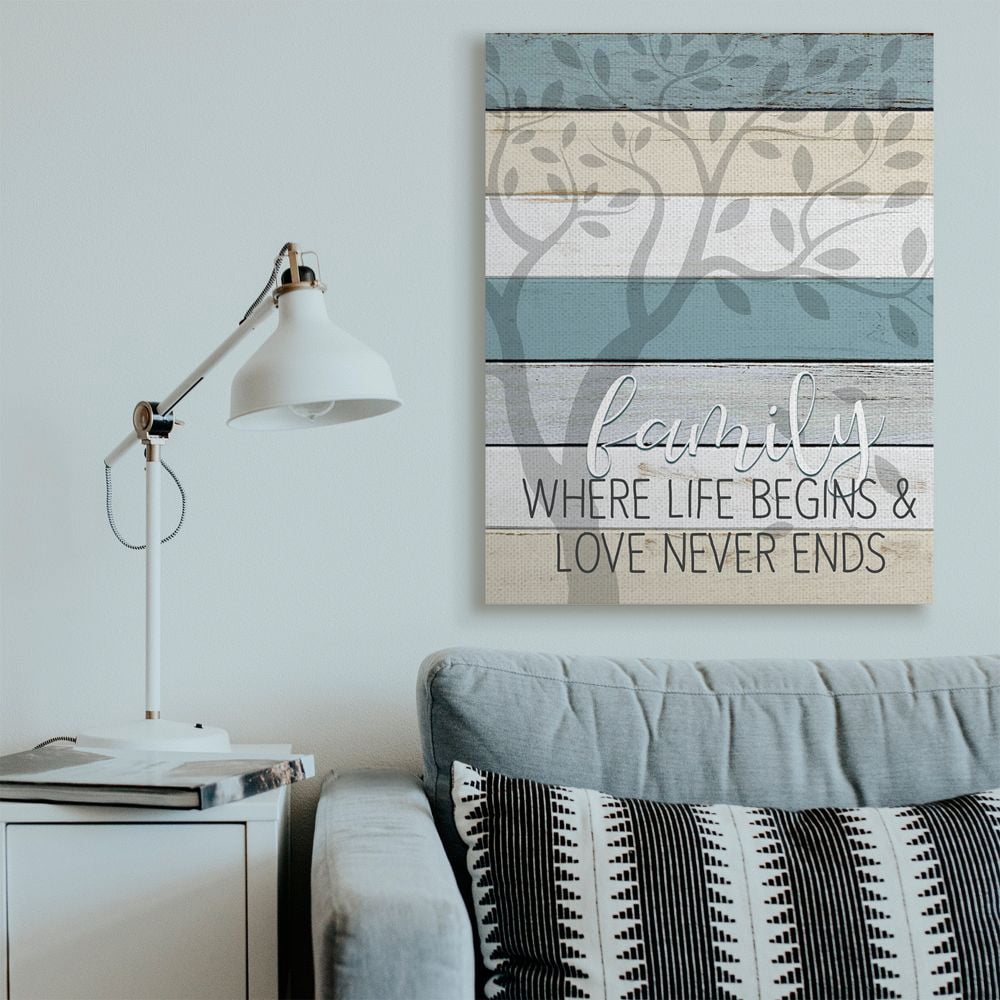 Stupell Industries Family Begin and End Quote Tree Wood Grain Blue Tan Phrase Canvas Wall Art Design by Kim Allen, 36" x 48"